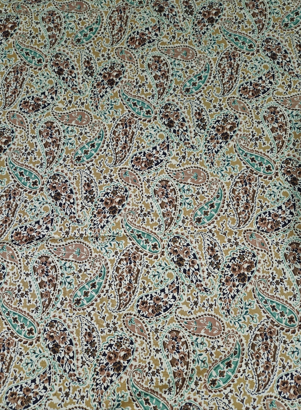 Vintage Paisley Print Beige, Brown & Teal Cotton Fabric By The Yard - Picture 2 of 4